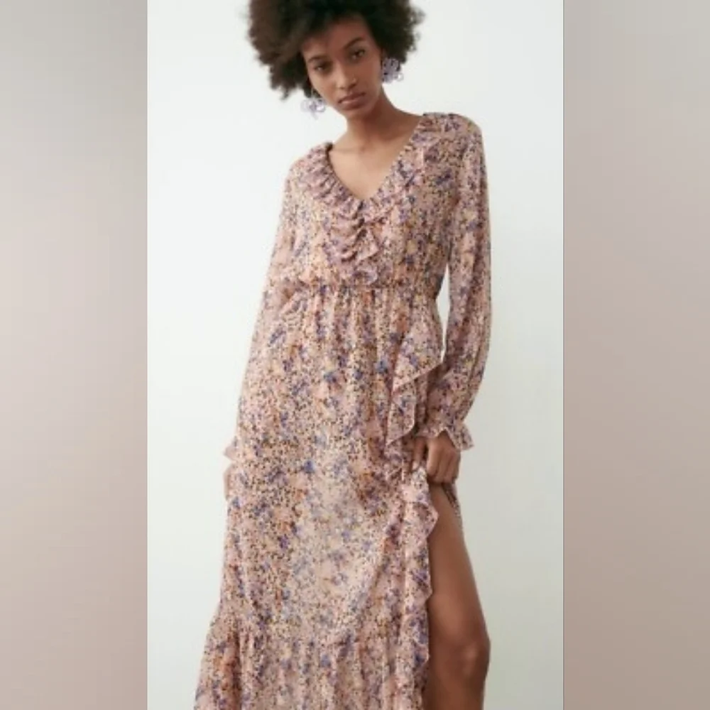 Small Zara Ruffled Floral Print Midi Dress Pink Flowy Boho - Picture 8 of 8